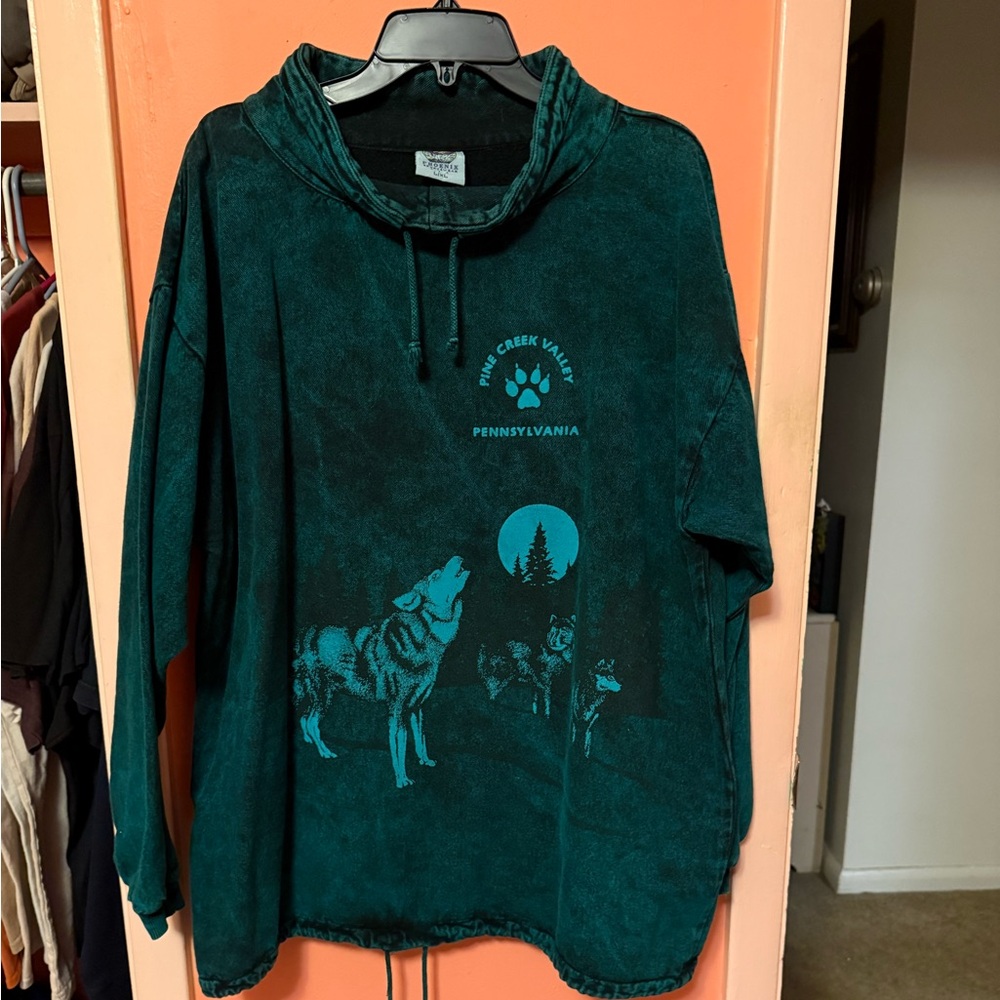 Teal Sweatshirt with Wolf Graphic from Pine Creek Valley Pennsylvania